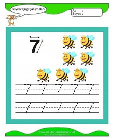 7 Rakamı Çizgi Çalışmaları Çalışma Sayfaları